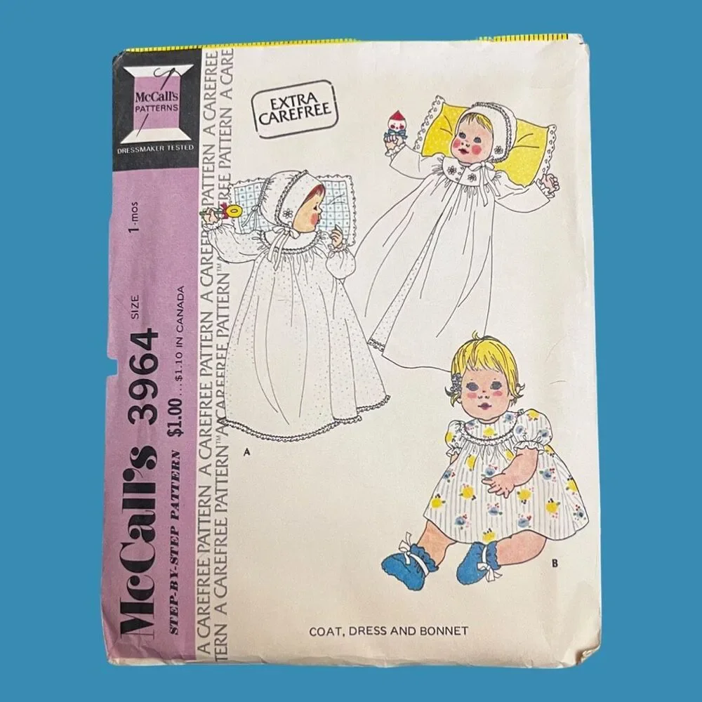 McCall's 3964 Baby, Infant's Coat, Dress and Bonnet Pattern Newborn Vintage B12